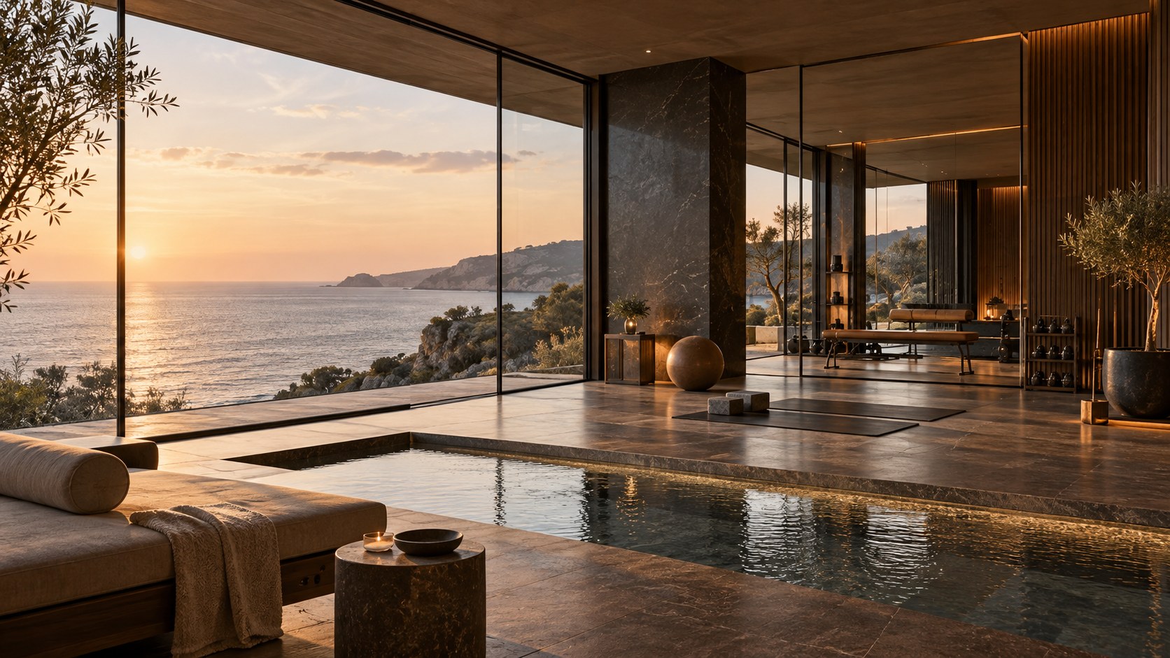 Concept image of a coastal wellness space with natural materials and ocean views